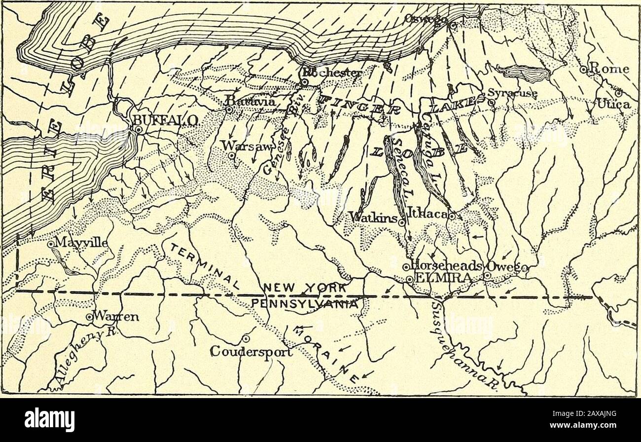 Physiographie forestière; physiographie des États-Unis et principes des sols en relation avec la foresterie . hin, et la tôle pierreuse locale de l'argile bowlder. • Pour une excellente description topographique dont le point ci-dessus est largement dérivé voirArnold Guyot, Sur la structure physique et l'hypométrie de la région de montagne Catskill,Am. Jour. SCI., série tridimensionnelle, vol. 19, 1880, p. 429-451. PLATEAUX des Appalaches 693 Le sol est beaucoup plus profond dans les vallées et de forme et de composition plus variables, surtout lorsque des accumulations morainiques se produisent côte à côte avec du matériau fluvio-glacial—^kames, eskers, extérieurement plai Banque D'Images