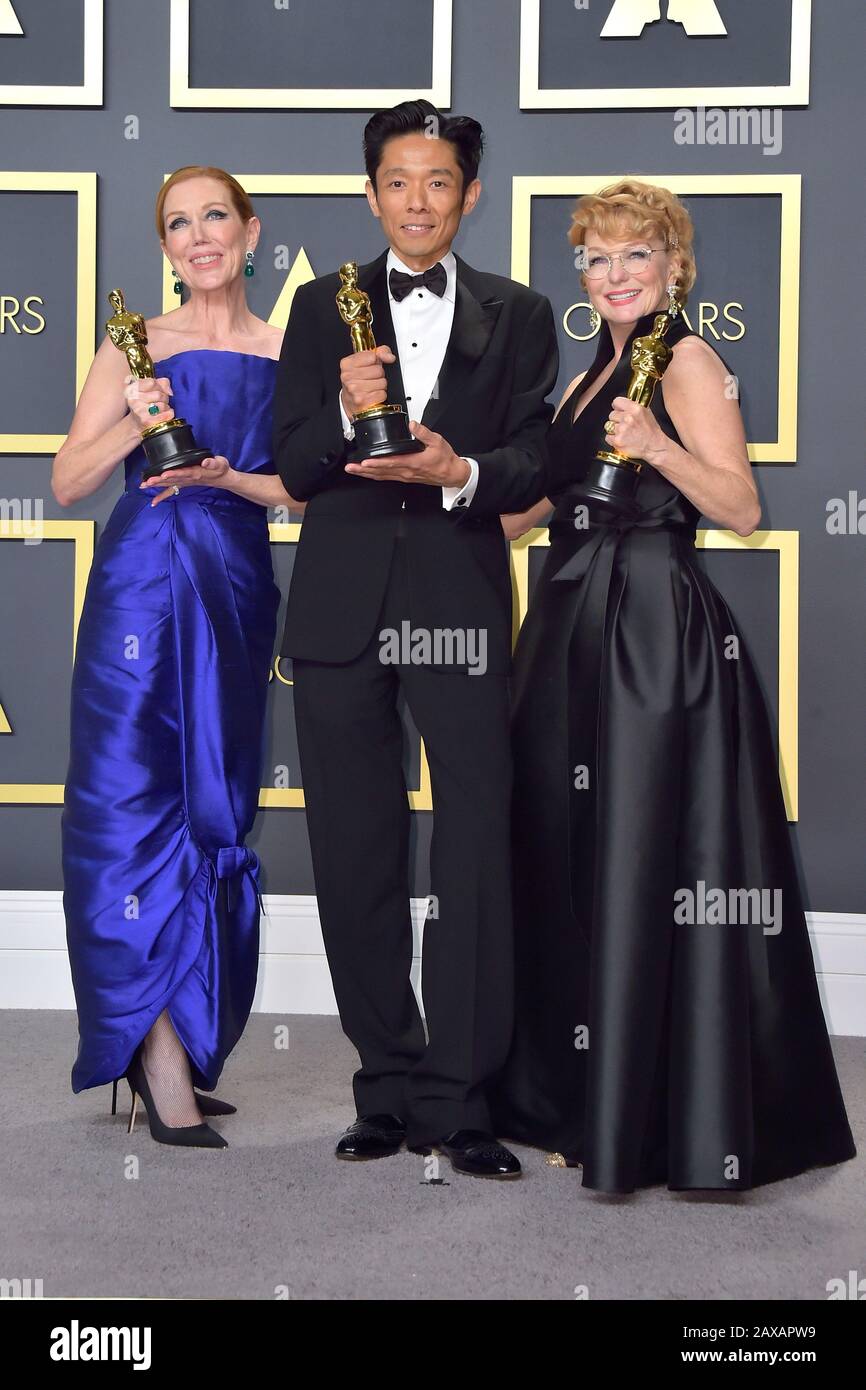 Los Angeles, États-Unis. 9 février 2020. Anne Morgan, Kazu Hiro et Vivian Baker (le meilleur maquillage et coiffures de 'Bombshell - la fin du silence') dans la salle de presse des Prix annuels de l'Académie 2020/92ème Prix Academy au Hollywood & Highland Center. Los Angeles, le 9 février 2020 | utilisation dans le monde crédit: DPA/Alay Live News Banque D'Images