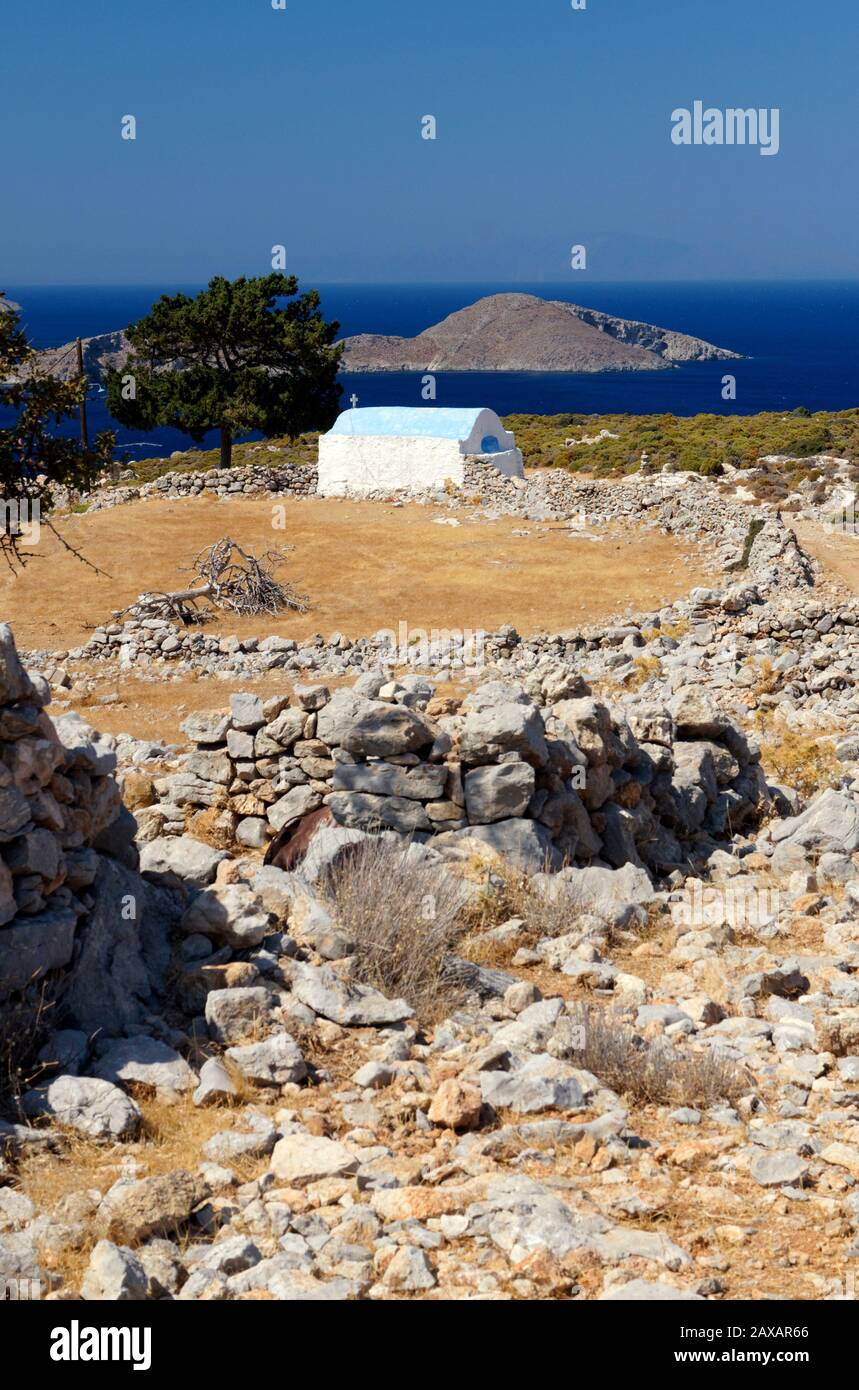 Aghios Ioannis church, Livadia, Tilos, îles du Dodécanèse, Egée du Sud, la Grèce. Banque D'Images