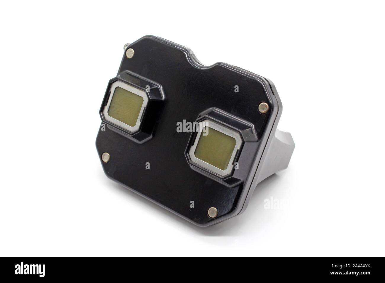 Vue stéréoscopique vintage métallique visionneuse de diapositives Master, vue avant, isolée sur fond blanc, gros plan Banque D'Images