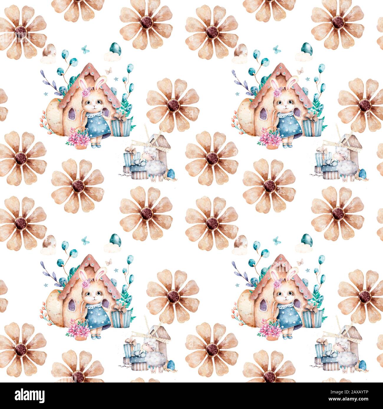 Mignons lapins en forêt. Motif sans coutures pour le printemps, illustration de dessin animé pour vêtements pour enfants. Style Woodland Watercolor. Image boho dessinée à la main pour Banque D'Images