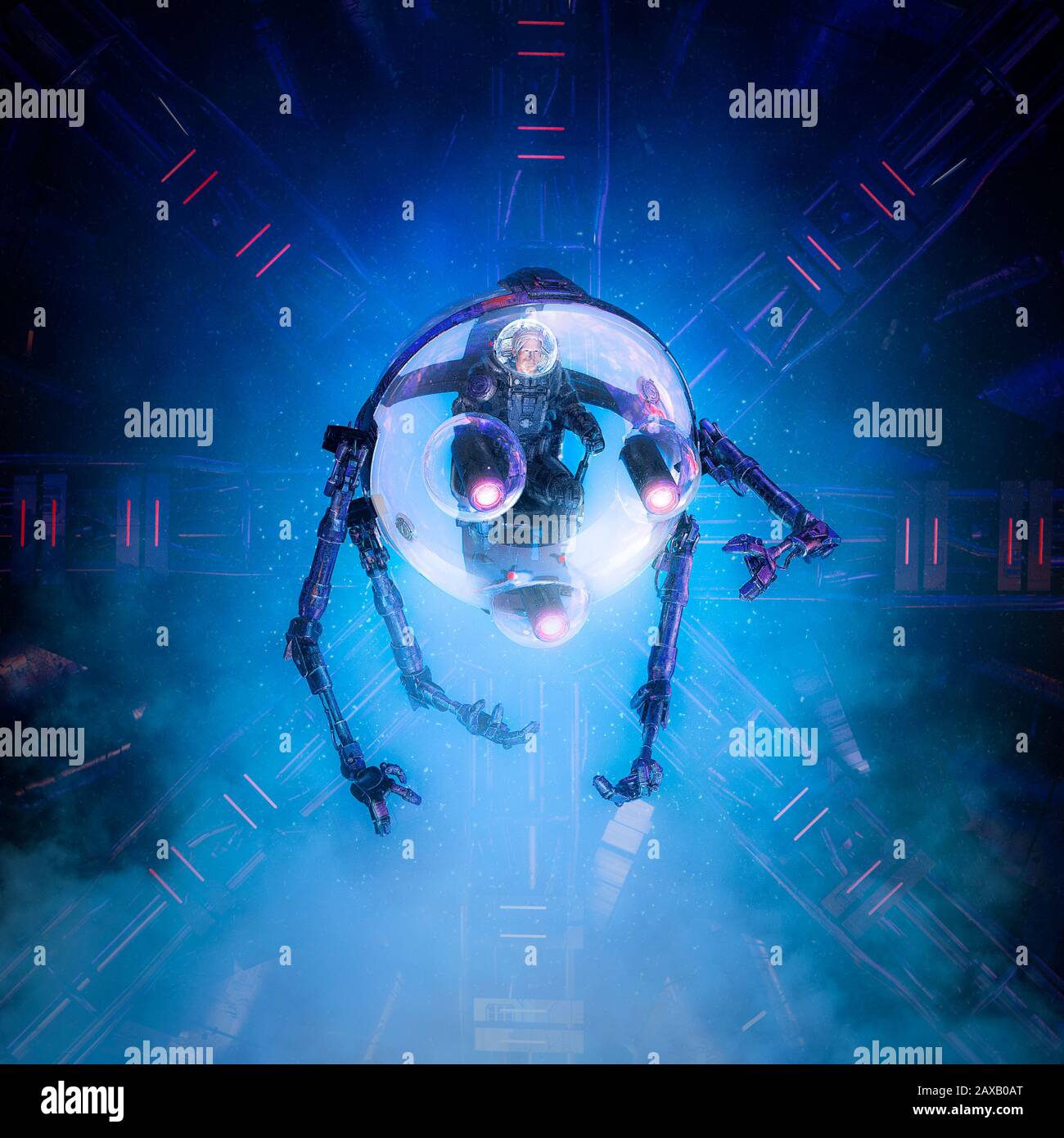 Plongez dans l'illustration inconnue / tridimensionnelle de la scène de science-fiction montrant l'astronaute masculin explorant un navire spatial étranger dans un cassoul en verre multi-armé robotisé Banque D'Images