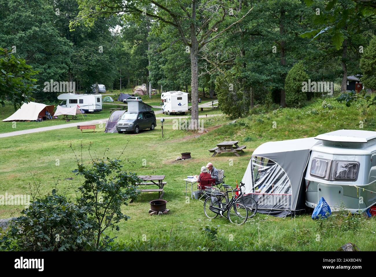 Site de camping paisible en bois avec caravanes, camping-cars et tentes Banque D'Images