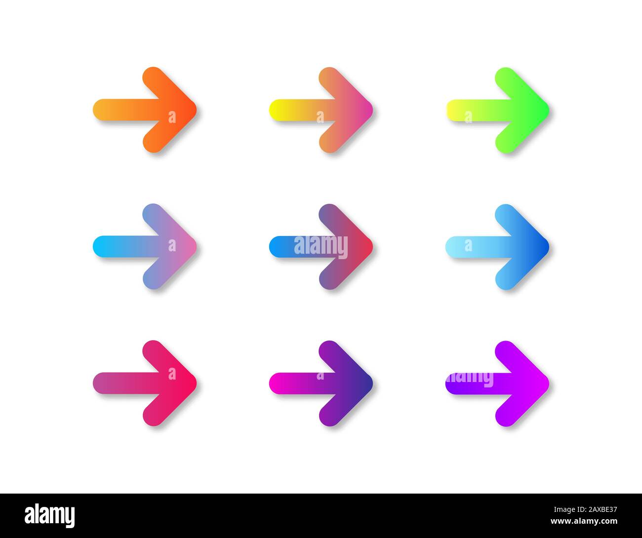 Bouton de flèche de gradient. Signe de navigation coloré. Flèches isolées avec ombres. Éléments pour le Web ou l'application. SPE 10 Banque D'Images