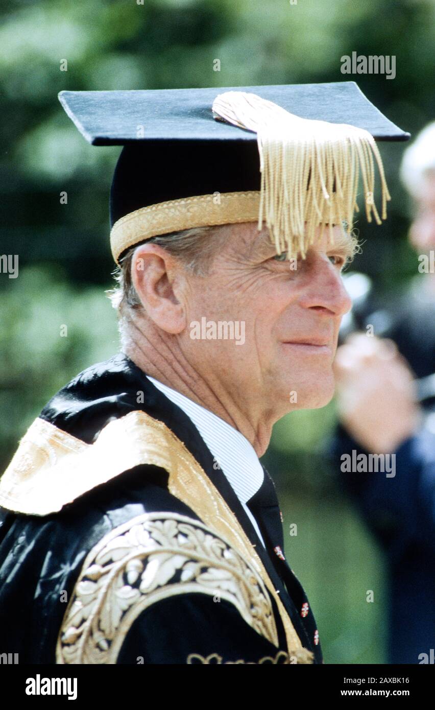 Le prince Philip HRH, duc d'Édimbourg le chancelier de l'Université de Cambridge visite l'Université de Cambridge en Angleterre en juillet 1988 Banque D'Images