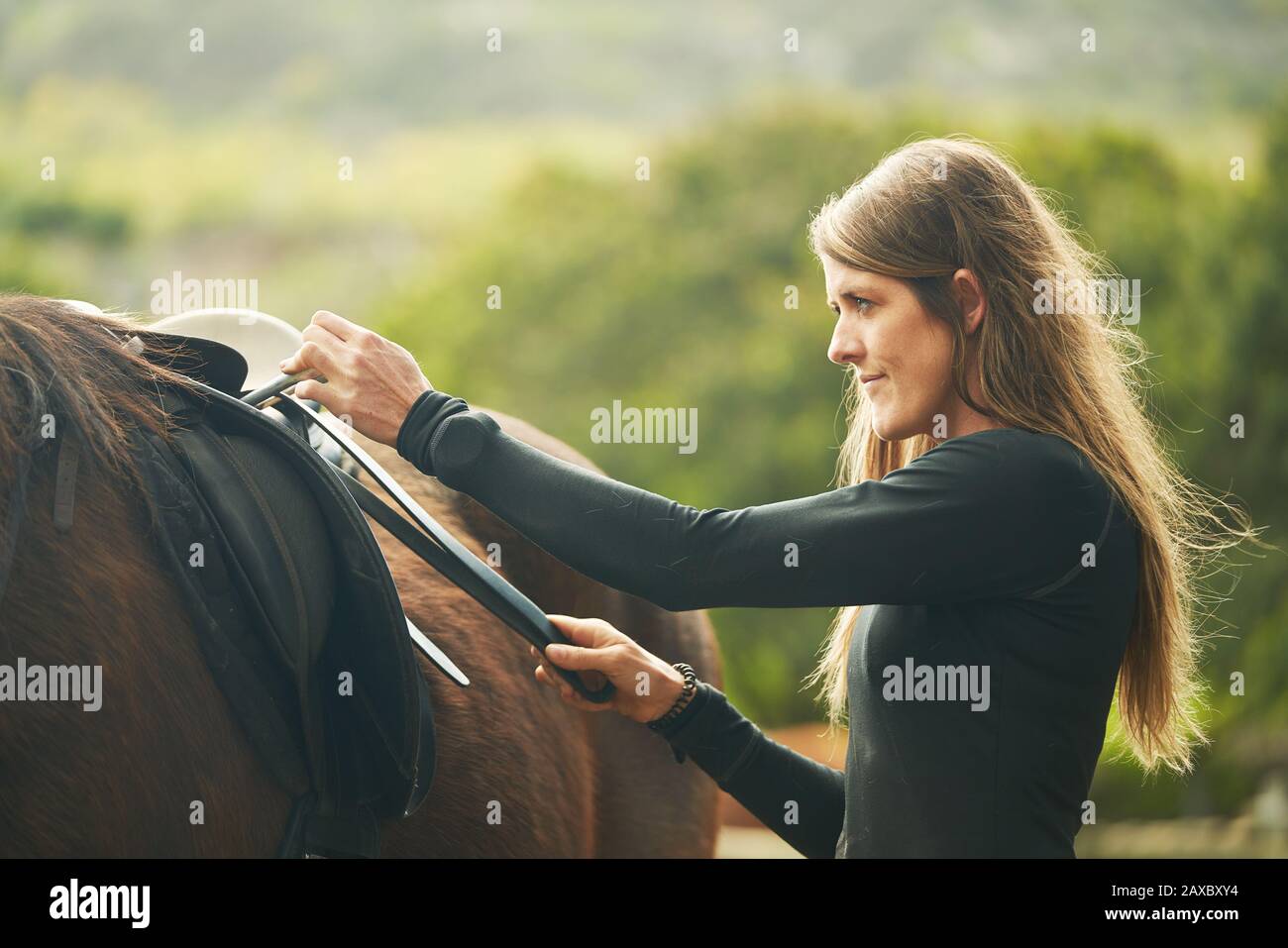 Femme préparant la selle pour l'équitation Banque D'Images