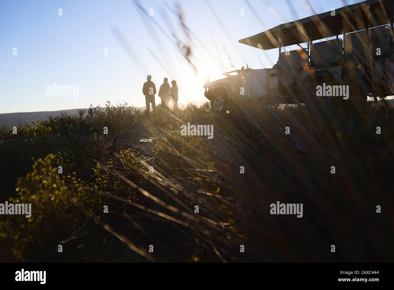 Groupe de visites de safari silhouette et véhicule tout-terrain sur la colline au lever du soleil Banque D'Images