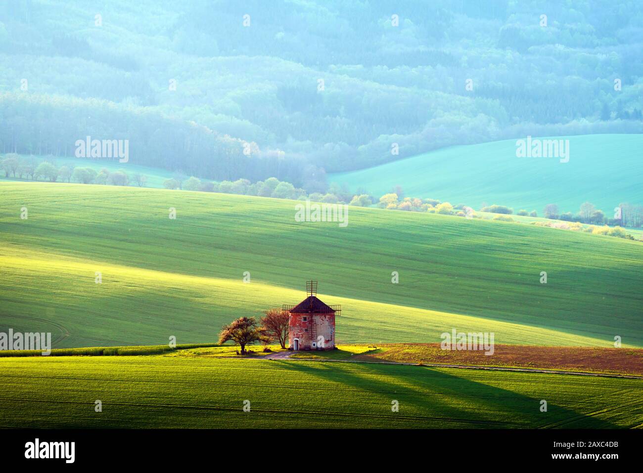 Paysage rural pittoresque avec ancien moulin à vent et collines verdoyantes ensoleillées de printemps. Région De La Moravie Du Sud, République Tchèque Banque D'Images