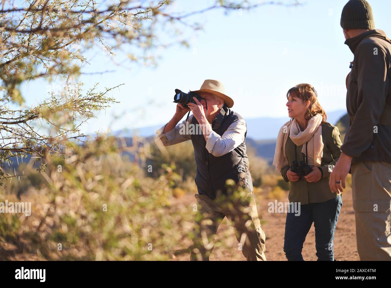Homme senior en safari à l'aide d'un appareil photo numérique Banque D'Images