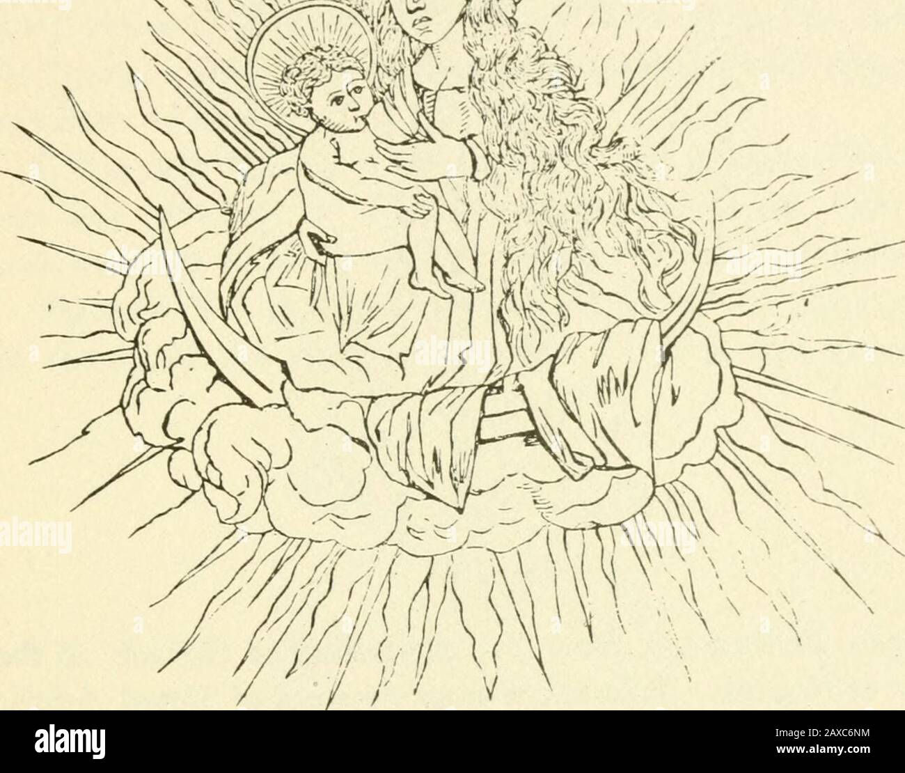 Le symbolisme ancien païen et moderne chrétien . ters a été interprété. La figure 114 est tirée d'une coupe de bois médiévale, prêtée à la mépar mon ami, M. John Newton, à qui je suis endetté pour la vue de, et le privilège de copier, beaucoup d'autres figures.En elle la vierge Marie est vue comme la Reine du ciel, allaitant son bébé, et identifié avec la lune de croissant, le théemblème de la virginité. Étant avant le soleil, elle éclipsesses presque la lumière. Rien ne pourrait plus identifier complètement la mère et l'enfant chrétiens avec Isis et Horus, Ishtar, Vénus, Juno, et une foule d'autres déesses païennes, qui h Banque D'Images