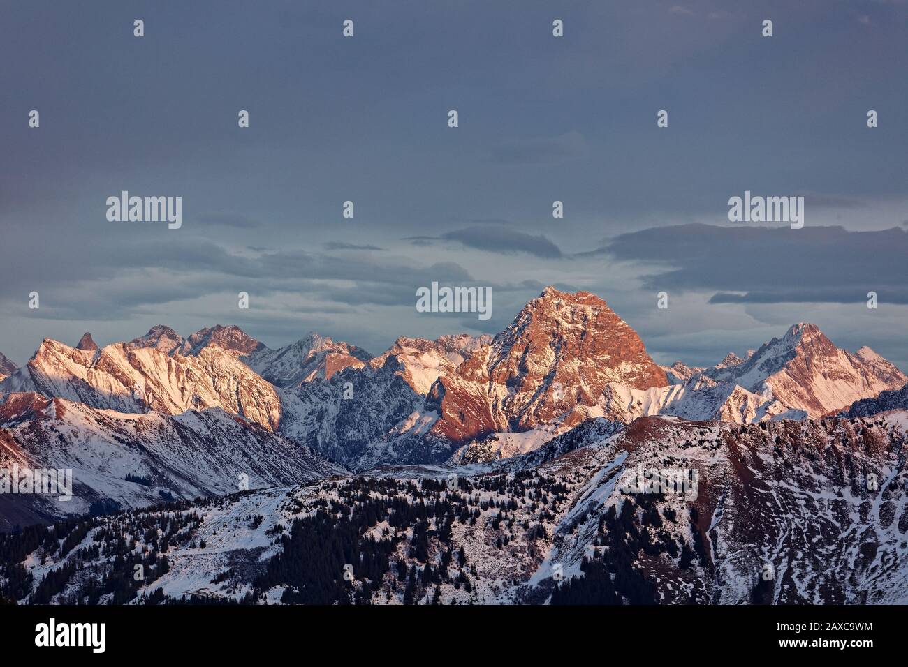 Coucher de soleil sur les Alpes d'Allgaeu avec le pic de Grosser Widderstein - vue depuis le pic de Portlahorn en Autriche Banque D'Images