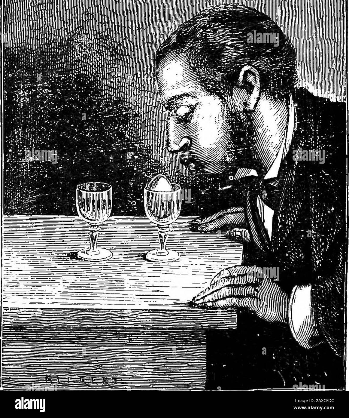 Les amusements scientifiques . l ont trouvé très intéressant à étudier. La force de l'air peut très bientôt être montré comme agissant avec une pression considérable sur un oeuf dans un verre. Par la blowingin un verre de baret contenant un oeuf dur, il est possible que l'oeuf saute du verre ; Et avec la pratique et la force des poumons, il n'est pas impossible de le faire passer d'un verre à l'autre, comme le montre l'illustration. La force de l'air chaud ascendant peut également être assécable en coupant une carte dans une spirale, et en tenant itau-dessus de la flamme d'une lampe. La spirale, si elle est légèrement poisée, tourne rapidement. "Maintenant, laissez-nous. Banque D'Images