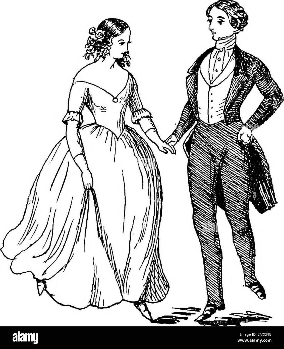 Des potins dans la première décennie du règne de Victoria . La salle de dessin Polka.—Figure 5. Le pied gauche; au quatre, relevez le pied droit, tournez-le de la même façon, et passez votre partenaire à votre gauche de votre bras droit; dans votre prochaine mesure, retournez votre femme à votre bras gauche, et ainsi de suite. Figure 5.—Il s'agit de la valse du dos. La stepadopté par vous-même et partenaire, est la marche arrière des cris dans la figure 2, et vous tournez dans cette valse exactement thécontrary façon à celle dans laquelle vous tournez dans tous les autres waltzes—•d'où son nom. 16 242 POTINS. [1844 À la Folka, avant de commencer le Banque D'Images