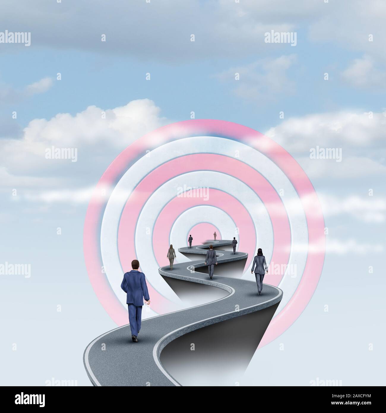 La route des objectifs d'affaires et les objectifs sociaux comme un moyen de succès avec un groupe diversifié de personnes marchant sur une voie d'opportunités. Banque D'Images
