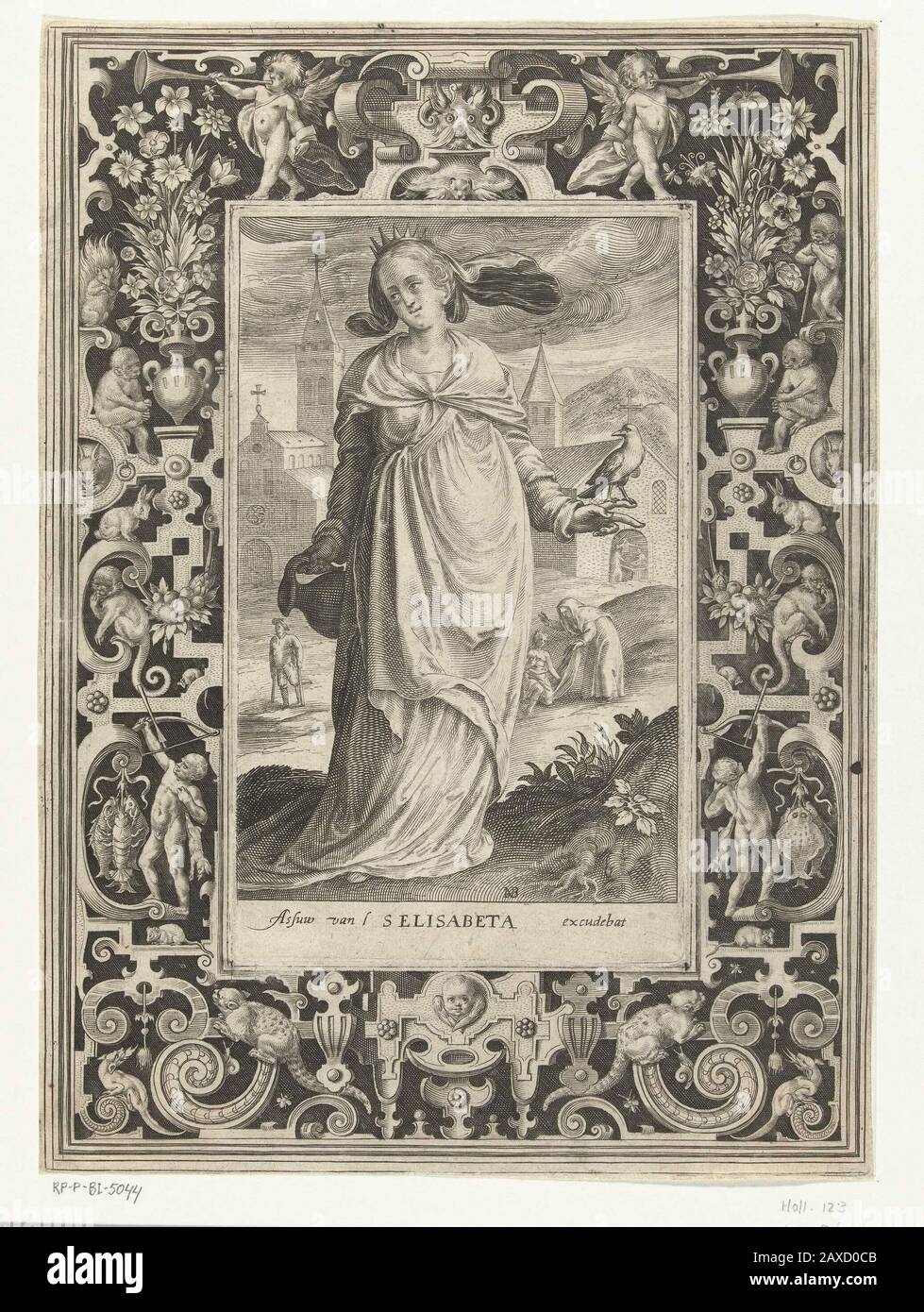 'Heilige Elisabet van Hongarije a rencontré kruik en vogel dans omlijsting a rencontré ornement; Heilige Elisabet van Hongarije a rencontré kruik en vogel. Omijstting met krulornementen verschillende dieren zoals een kat die naar een muis loert, apen en konijnen waarop twee jongens jagen. Bovenaan blazen twee kleine engelen op een tromet.; Iconclasscode: 11 HH(ELISABETH); print; 1581 - 1656; 1581 - 1656; ' Banque D'Images