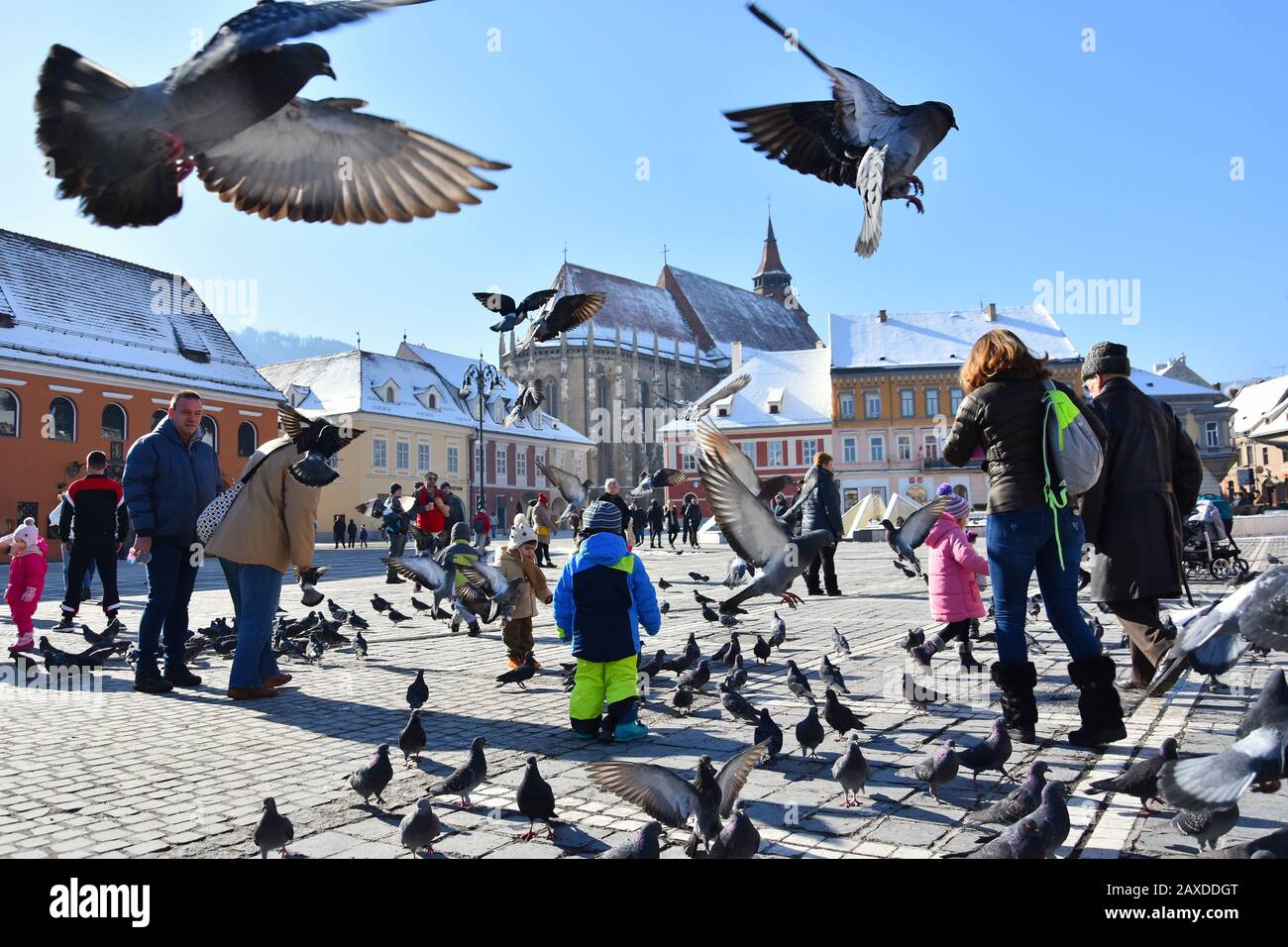 Brasov, ROUMANIE - février 2020. Une merveilleuse humeur à Brasov Council Square, une attraction touristique extraordinaire dans la ville de Brasov, la vallée de Prahova , Roumanie Banque D'Images