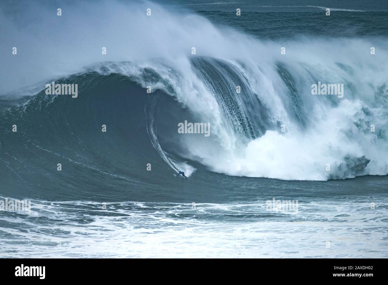 Le surfeur Kai Lenny (Hawaï) est vu rouler une vague pendant le Nazaré Tow Surfing Challenge tenu à la plage Praia do Norte, à Nazaré.Nazaré Tow Surfing Challenge est une compétition de grande vague de la Ligue mondiale de surf qui a eu lieu sur la plage Praia do Norte. Il a profité de l'énorme houle qui a frappé la côte portugaise le 11 février. Banque D'Images