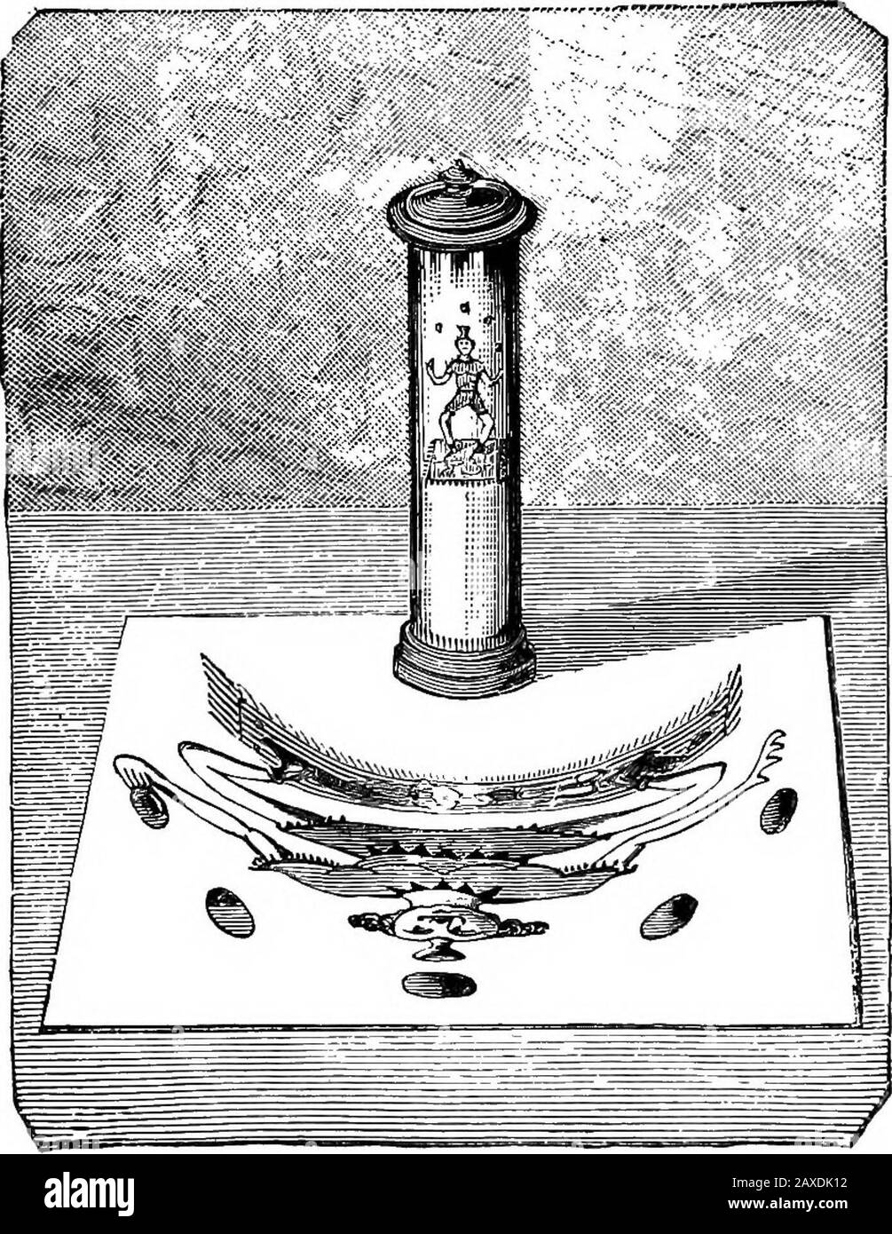 Divertissements scientifiques . Parmi les illusions optiques il y a un grand nombre de thatmai être produit au moyen de miroirs. Le télescope didividedtélescope en est un exemple. L'appareil, surélevé sur un support ferme, permet à l'un d'entre eux de voir apparemment un objet à travers une pierre ou un autre objet opaque, comme illustré dans la coupe ci-dessus. Loo ILLUSIONS OPTIQUES. L'illustration montre l'arrangement de l'appareil.L'observateur, regardant à travers lui, perçoit clairement l'objet à travers le verre; l'image est réfléchie quatre fois avant d'atteindre son oeil, au moyen de petits miroirs dissimulés dans l'instrument. Miroir Cylindrique Et Anamorphe Banque D'Images