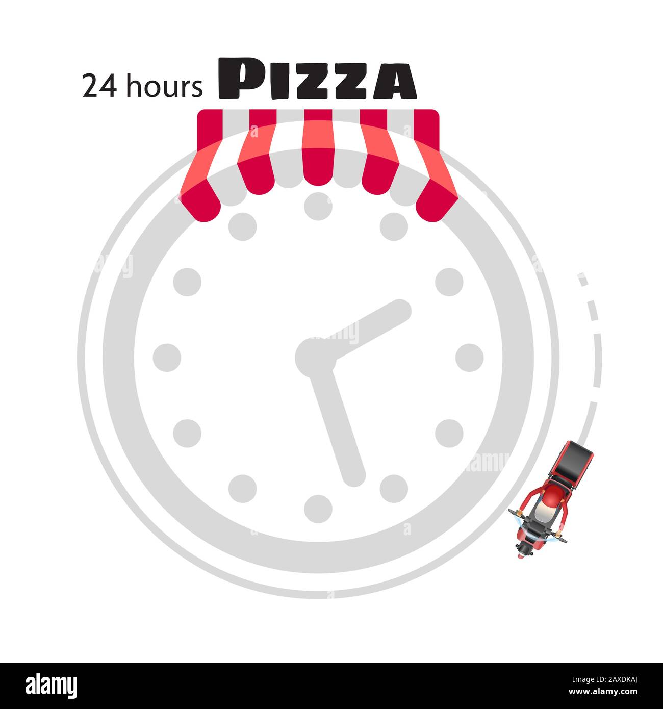 Homme de livraison avec scooter de conduite uniforme rouge. Vue de dessus. Livraison de pizza isolée sur fond blanc. Illustration de dessin animé vectoriel avec lettrage 24 Illustration de Vecteur