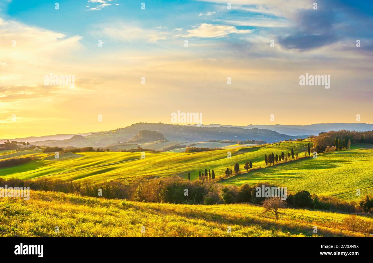 Panorama Volterra, collines vallonnées, champs verts et route blanche. Toscane, Italie Europe. Banque D'Images