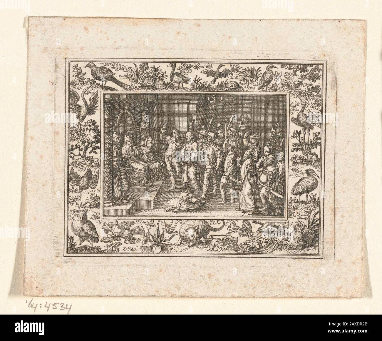 'Passievoorstelling in lijst met vogels en slakken; Onderaan zit een kat die een muis jaagt, daarnaast sluipt een vos naar een konijn TOE.; print; orornmentprent; 1600 - CA.1699; 1600 - CA.1699; ' Banque D'Images