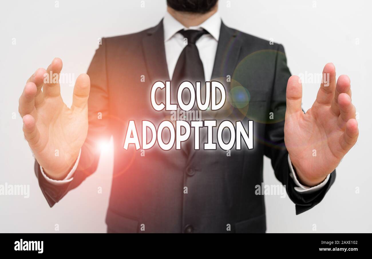 Texte écrit adoption du Cloud. Photo d'entreprise présentant l'évolution stratégique par les organisations de réduction des coûts et des risques hommes humains avec barbe forma Banque D'Images
