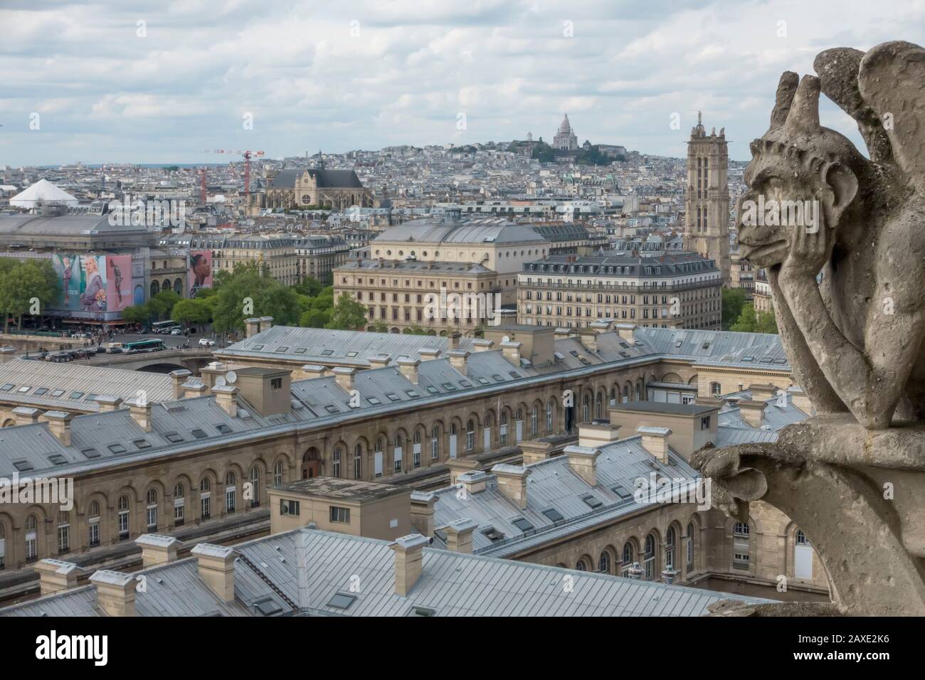 La cathédrale notre Dame gargoyle surplombe Paris, France Banque D'Images