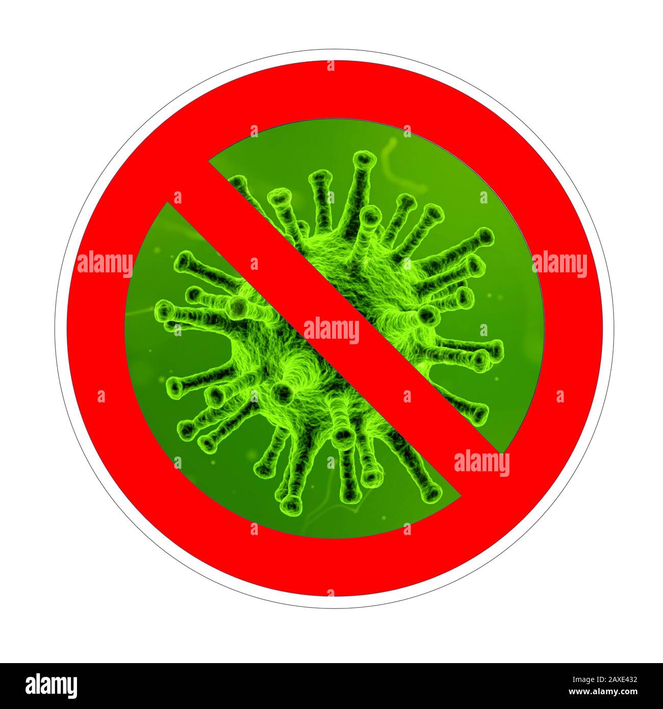 Signe interdit avec l'icône de particule de virus vert pour arrêter le coronavirus isolé en fond blanc Banque D'Images