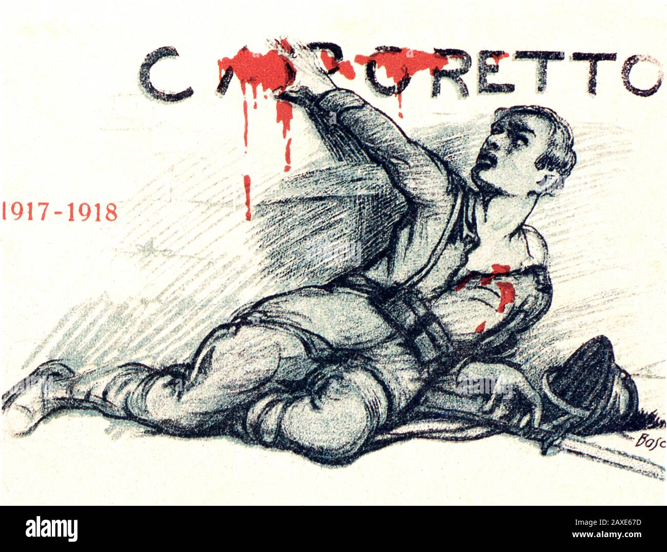 1918 , ITALIE : propagande affiche italienne anti Allemagne . Affiche une image symbolique de soldat italien dans le sang à LA BATAILLE DE CAPORETTO 24 octobre 1917 au premier jour de novembre 1917 - Disfatta di Caporetto - sconfitta - GUERRE MONDIALE I - première Guerre mondiale - PRIMA GUERRA MONDIALE - Grande Guerra - Grande Guerra - Grande Guerre - foto storica - locandina - affiche - gravure - incisione - illustration - illustrazione - ITALIA - PHOTOGRAPHIES D'HISTOIRE - manifeste - AFFICHE - ALLEGORIA - STOCK - ARTE - ARTS - sangue © Archivio GBB / Banque D'Images