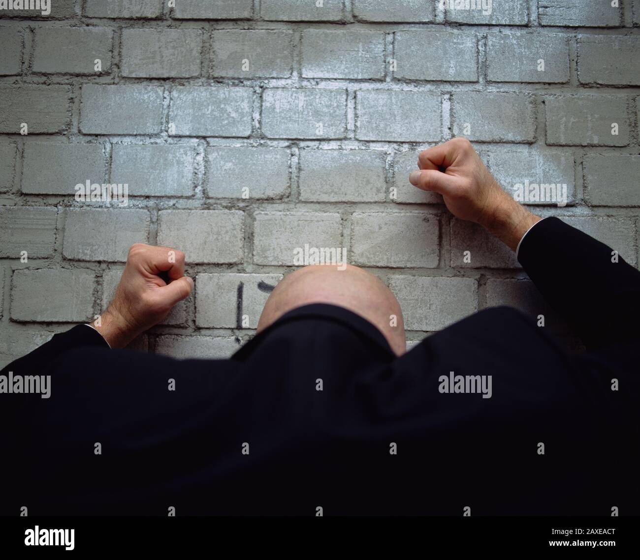 Vue arrière d'un homme adulte moyen qui bannit sa tête contre un mur, Allemagne Banque D'Images