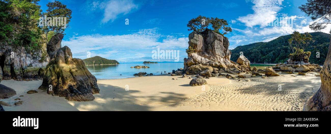 Roc sur la plage de Stillwell Bay, parc national Abel Tasman, Tasman, île du Sud, Nouvelle-Zélande Banque D'Images