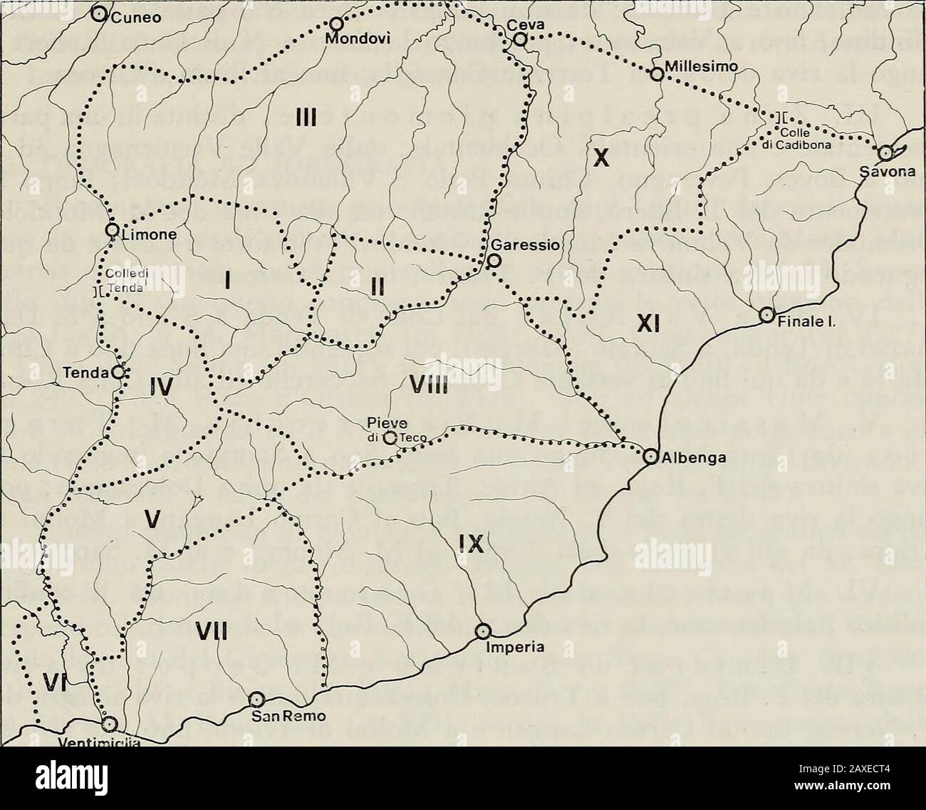 Annali del Museo civico di storia naturale Giacomo Doria. Passaggio allAppenninoLigure. Il presente lavoro, oltre alla dorsale alpina in senso stretto, zone de considération prealpine sia piemontesi sia liguri, dégradanti A N verso pia la-nura del Piemonte e A S verso il Mar Ligure. Basandoci prévalentemente su criteri orografici abbiamo decitatotutta la zona con i seguenti enci (fig. 1). Limiti N e E: Dal Colle di Tenda lungo il versante E della Val Ver-menagna e Val Gesso, fino a Borgo San Dalmazzo; poi, lungo la ligne coline par Boves, Beinette, lungo il Torrente Brobbio e il Torrent Banque D'Images