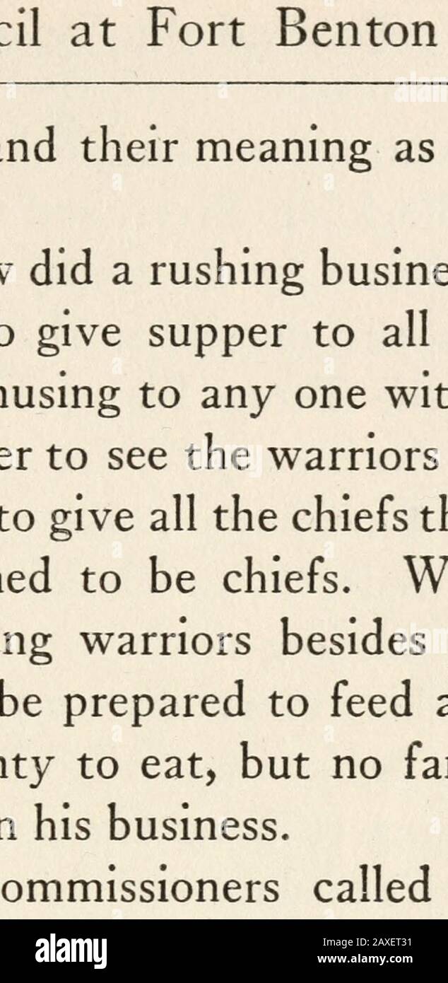 Au-delà de la vieille frontière : les aventures des combattants indiens, des chasseurs et des commerçants de fourrures . venus et réclamés appartiennent à ce qu'ils ont appelé Red Coat Land, à savoir celui appartenant au roi George. Certains d'entre eux portaient des médailles du roi Georges et ont montré qu'ils se sentaient fiers d'eux. Tout le pays à l'est de la rivière Teton se démarque pour une réserve de Piegan et de sang. Le traitement a été conclu par cinq P. M. Tous les Indiens understoodthwhat était voulu d'eux, et les préliminaires werethus raccourci d'au moins trente-neuf jours. Le traitement n'était pas satisfaisant pour tous les Indiens, mais ils s'y sont tenus. Sans TH Banque D'Images