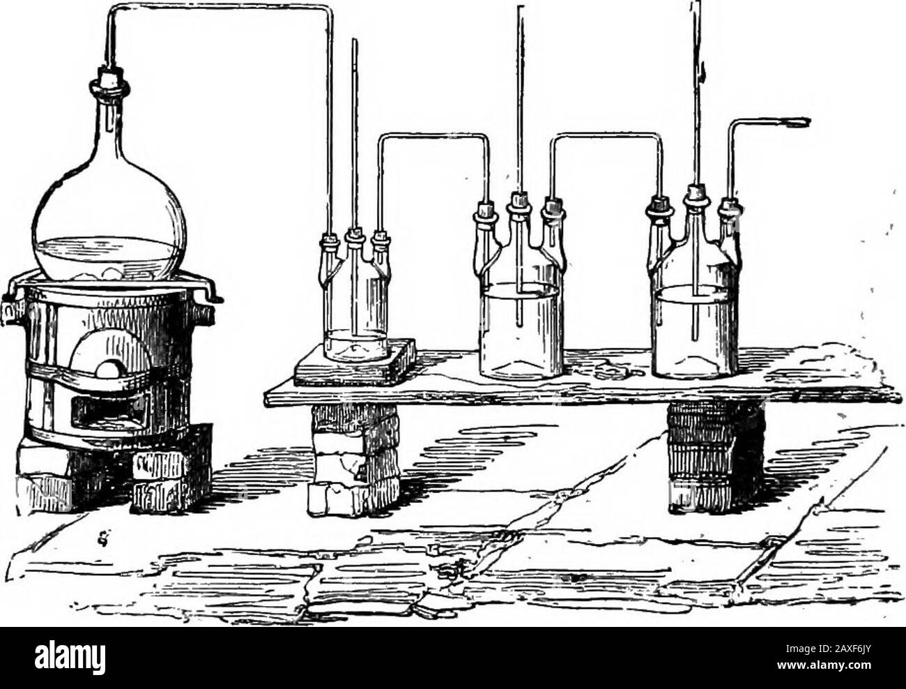 Divertissements scientifiques . Génération de chlore. Acide. Cet acide est acheté dans les manufactures de soda, avec de l'acide nitrique est appelé aqua regia, un solvant pour l'or.Lorsque le chlore et l'hydrogène sont mélangés dans des propulsions égales qu'ils explosent dans la lumière du soleil. Dans l'obscurité ou par bougie-lumière, ils sont inoffensifs. Le chlore sec peut être obtainedby interpo.sing un verre rempli de quelques chlorure de calcium. 94 CHIMIE. Le gaz étant plus lourd que l'air (environ 2 fois), le déplace dans la fiole, et quand il est rempli un autre peut être placé en position de placédin. Ce mode cause un peu de gaspillage de gaz, qui ne doit pas être respiré Banque D'Images