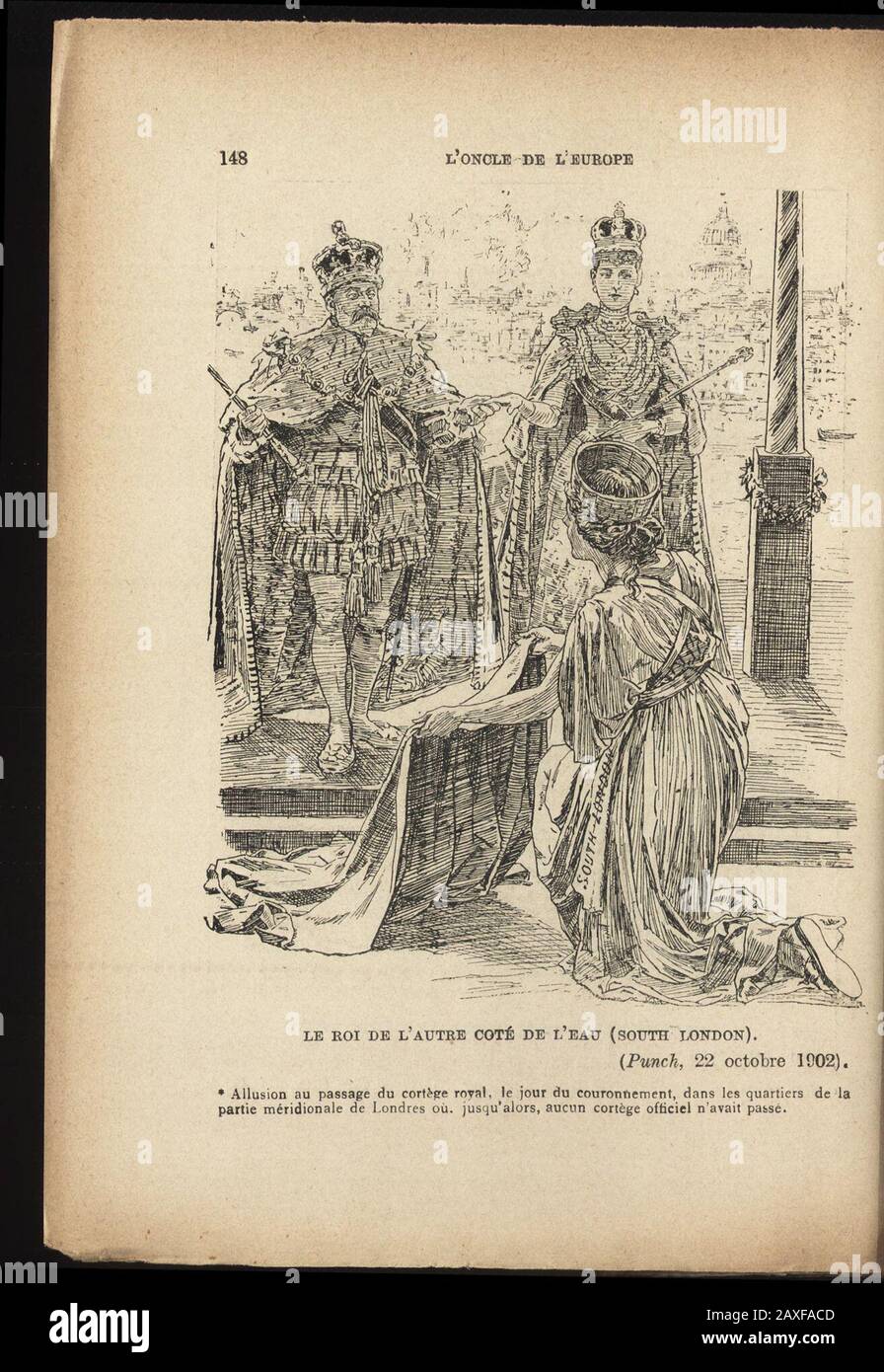 'L'Oncle de l'Europe' devant l'objectif caricatural : images anglophones, françaises, italiennes, allémandes, auxtrichiennes, hollandaises, belges, suisses, espagnoles, portugaises, américaines, etc. . la revue détonbourg. — M. Mac-Punch (Mac parce quon est, ici, en Ecosse): Je suisheueux de voir que vous, Sire, portés aux vols ! Caricatures de Linley-Sambourne et Raven-Hill (Punch, 16 juillet 1902 et 20 sept. 1905). Banque D'Images