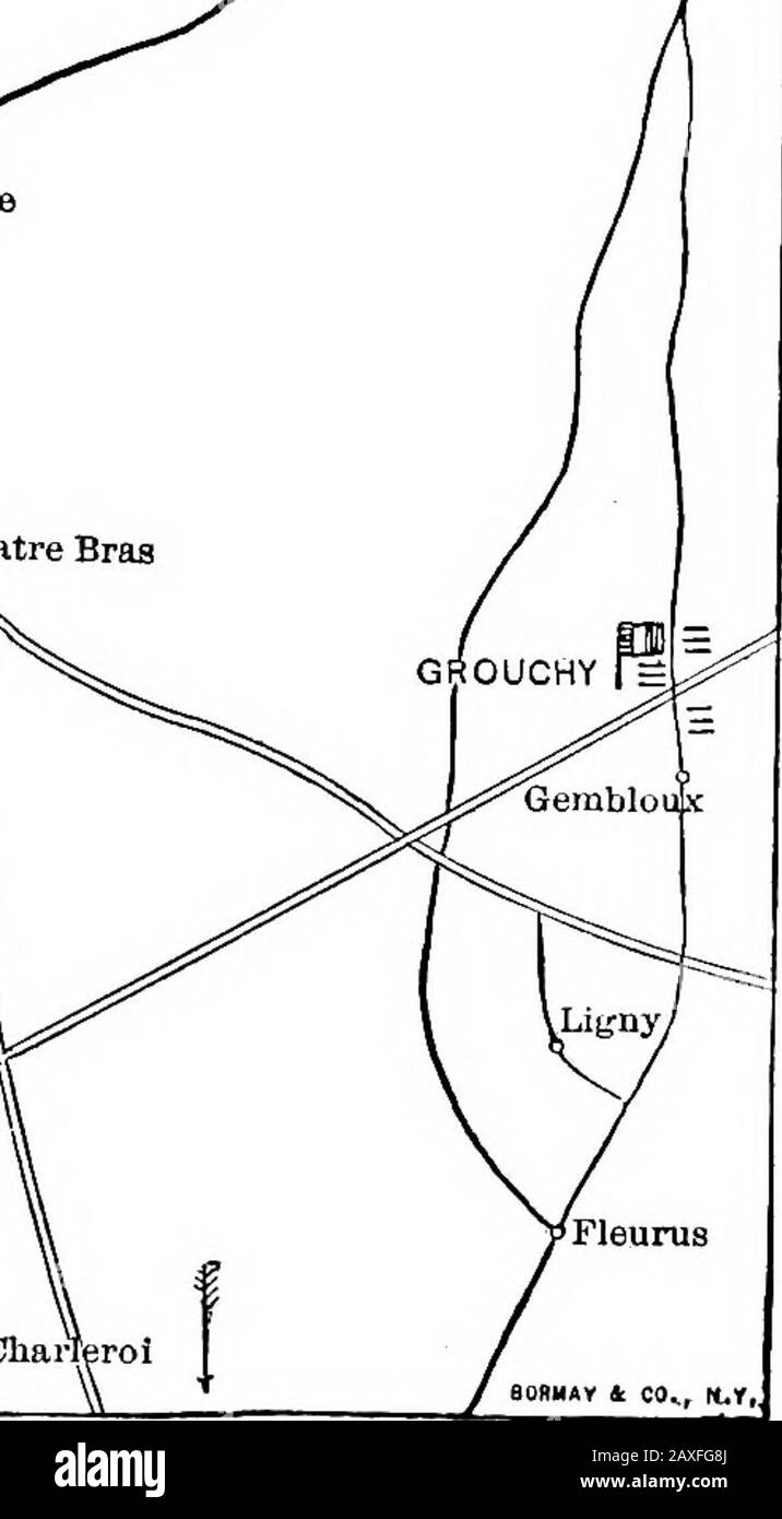 Napoléon, une courte biographie . Genappe quatre bras. EofluAr & co^, position rcrj à la tombée de la nuit, 17 juin 1815 WATERLOO ET ST. Helena 225 bras y a été laissée et a reçu de telles supportsas pourraient être poussés vers l'avant. Sur l'i6ème Na-poleon avancé à l'attaque des Prussiens, détacher un corps sous Ney pour opérer contre les Britanniques. Une lutte féroce a eu lieu pour la possession des villages de Saint-Amand et andLigny qui ont enfin été transportés par les Français ;Blucher, bien qu'il ait perdu massivement, se retirlentement vers Gembloux en assez bon ordre.Au cours du même jour Ney hadété engagement Banque D'Images