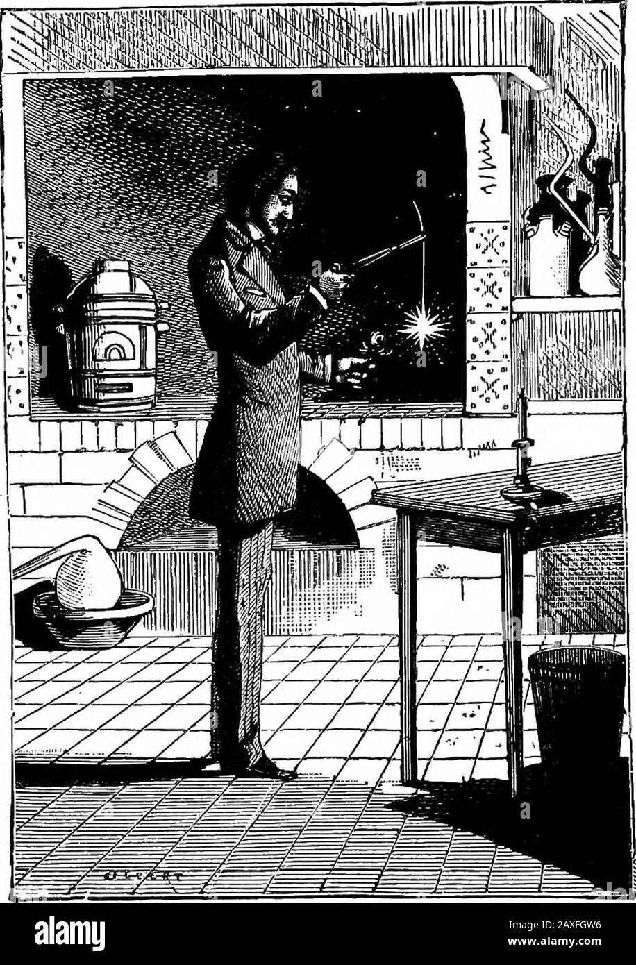 Amusements scientifiques . contre une substance dure. Si nous frottons ensemble deux quartzcristaux dans l'obscurité, nous percevons des étincelles rouges; et lors de la mise à la craie ou au sucre, il y a aussi une émission d'étincelles. 3. Phosphorescence par l'électricité. Cette situation est dégérée par la lumière accompagnant le désengagement de l'électricité, et lorsque les gaz et les vapeurs raréfiées transmettent des décharges électriques. 4. La Phosphorescence spontanée est observée, comme tout le sait, dans le cadre de plusieurs sortes de créatures vivantes, comme les vers phosphoreux, les noctilucidés, etc., et des phosphorescentefiTects similaires sont également produits avec su organique Banque D'Images