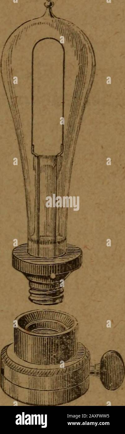 Lampes électriques à incandescence . Fig. I. Fig. 2. moins long. Leurs extrémités, qui se sont agrandies, sont pressées dans une sorte de pincerce qui met fin à la conduite platine ors, et qui sont soldés par un cuivre déposé elec-trolytiquement. Fig. 1, 2,3 12 et 4 représentent l'arrangeentde ces lampes. Leur durée, de Whati, a été assurée, est assez longue; Banque D'Images