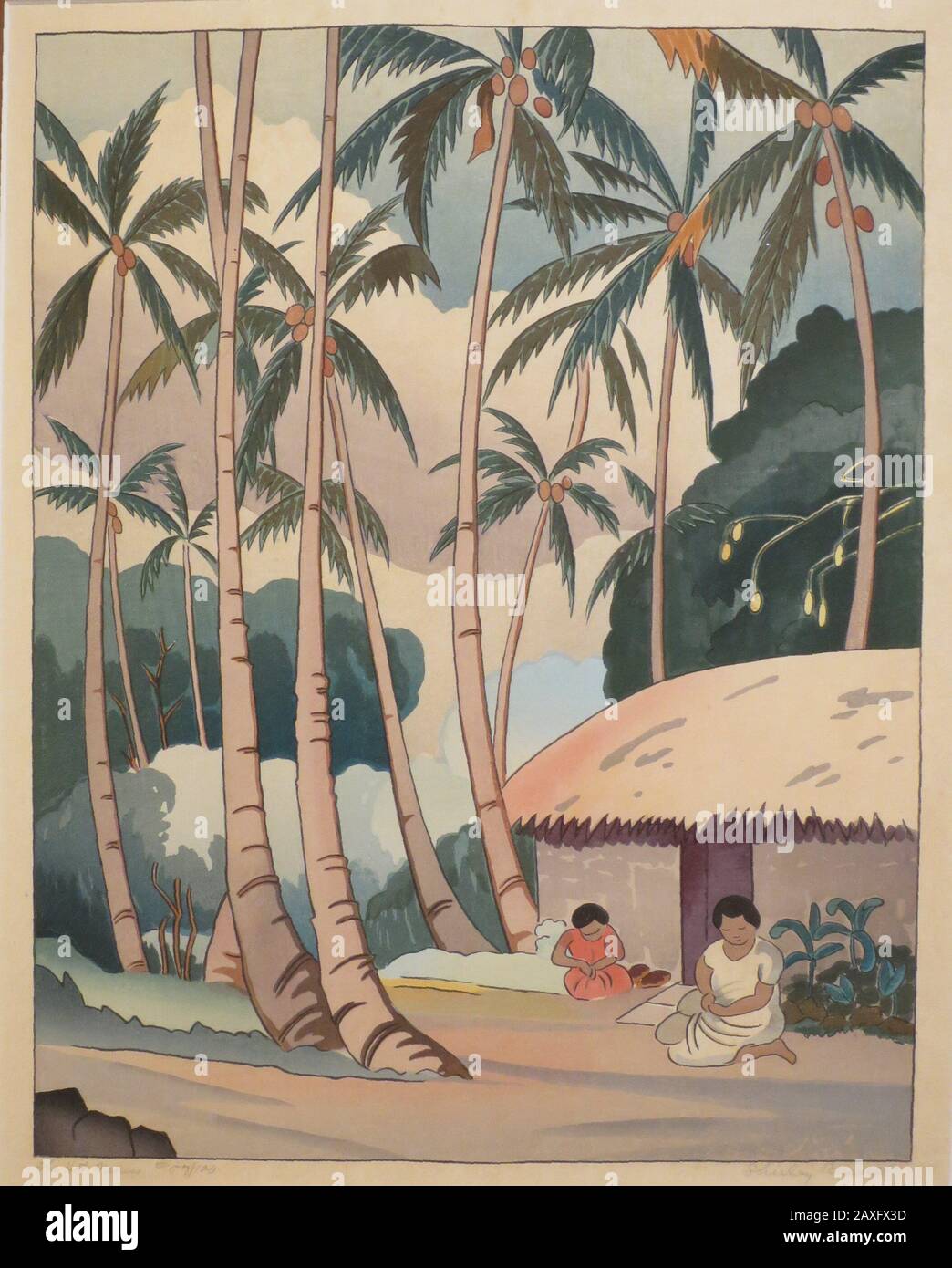 English: Les Fabricants De Chapeaux Par Shirley Ximena Hopper Russell, C.  1930, imprimé color wood Block, Hawaii State Art Museum; vers 1930 date  QS:P,+1930-00-00T00:00:00Z/9,P1480,Q5727902; travaux Propres; Shirley  Ximena Hopper Russell; ' Photo