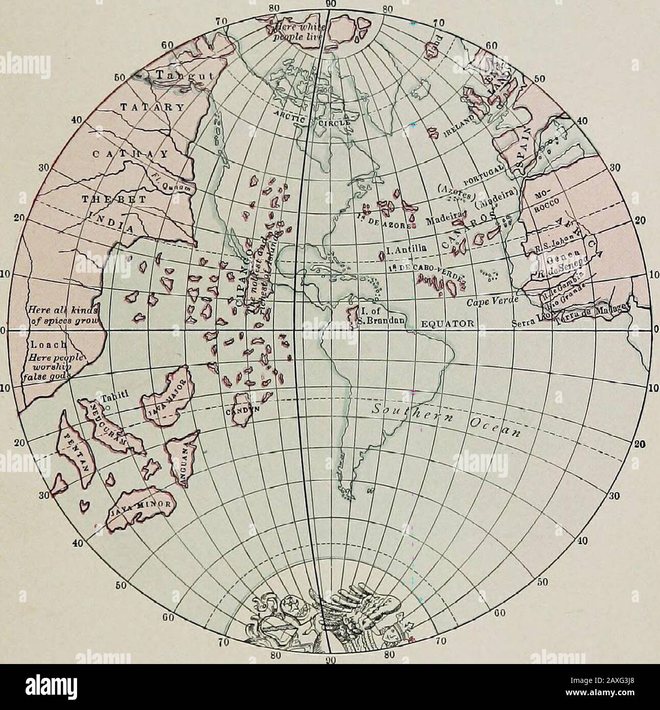 Contours de l'histoire européenne . ntique au Japon. En 1492, comme nous le savons tous, un navigateur genoois, Columbus(b. 1451), qui avait eu beaucoup d'expérience sur la mer, a été togethertrois petits navires et a entrepris le voyage vers l'ouest jusqu'à Zipangu,— le pays de l'or, — Qu'il espérait atteindre dans cinq semaines.Après trente-deux jours de l'époque où il quitta les îles Canaries arriva sur terre, l'île de San Salvador, et crédible d'être dans les Indes de l'est. De là, il a découvert l'île de Cuba, qu'il croyait être la terre principale de l'Asie, puis d'Haïti, qu'il a emporté pour le Longé-forZipa Banque D'Images