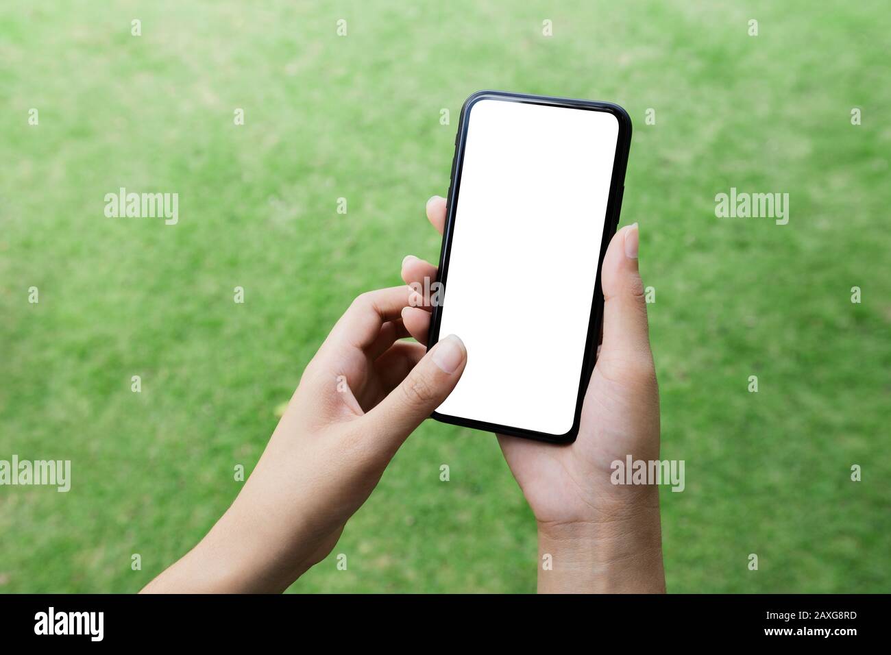 gros plan pour femme à l'aide d'un écran blanc pour smartphone Banque D'Images