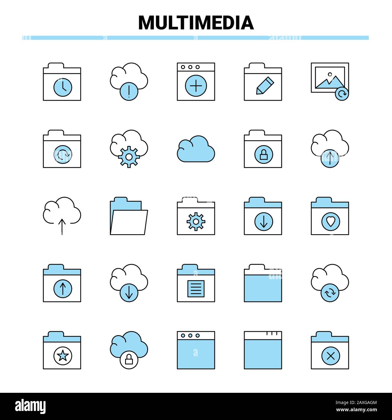 25 jeu d'icônes Multimédia noir et bleu. Design d'Icône créative et modèle de logo Illustration de Vecteur