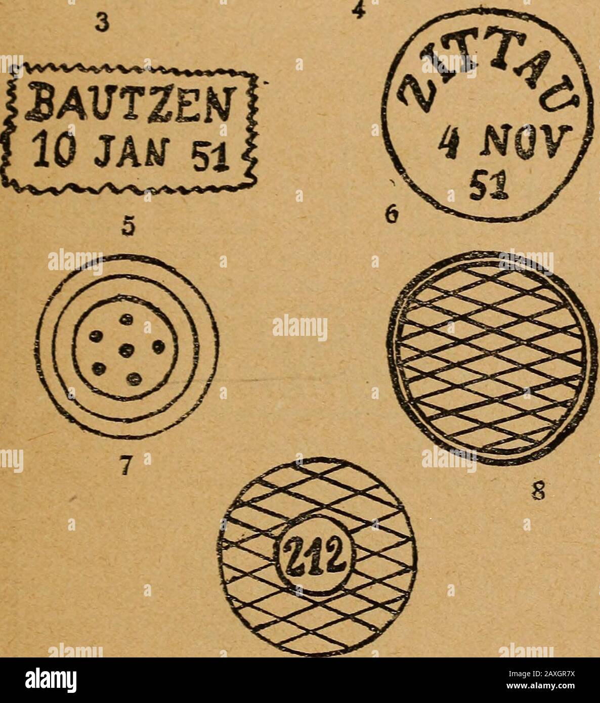 Praktisches Handbuch der Freimarken des königreichs Sachsen und des Herzogtums Sachsen-Altenburg .. . LP ? ? ALTEN BURG ZSVFLTY 19, MAL. I, 2, 4—6 vorphilatelislische Sempel, teilweise bis etwa 1860 à Gebrauch. 3 Zierschräftstenipel Leipzig. 7 et 8 Chemnitzer Ver- suchsstempel. 9 dor seltenste Nummergitterstempel. — 30 — ( DRESDEN Vilim. 66 *e-W ?10 ST.P0ST^Dec II Banque D'Images