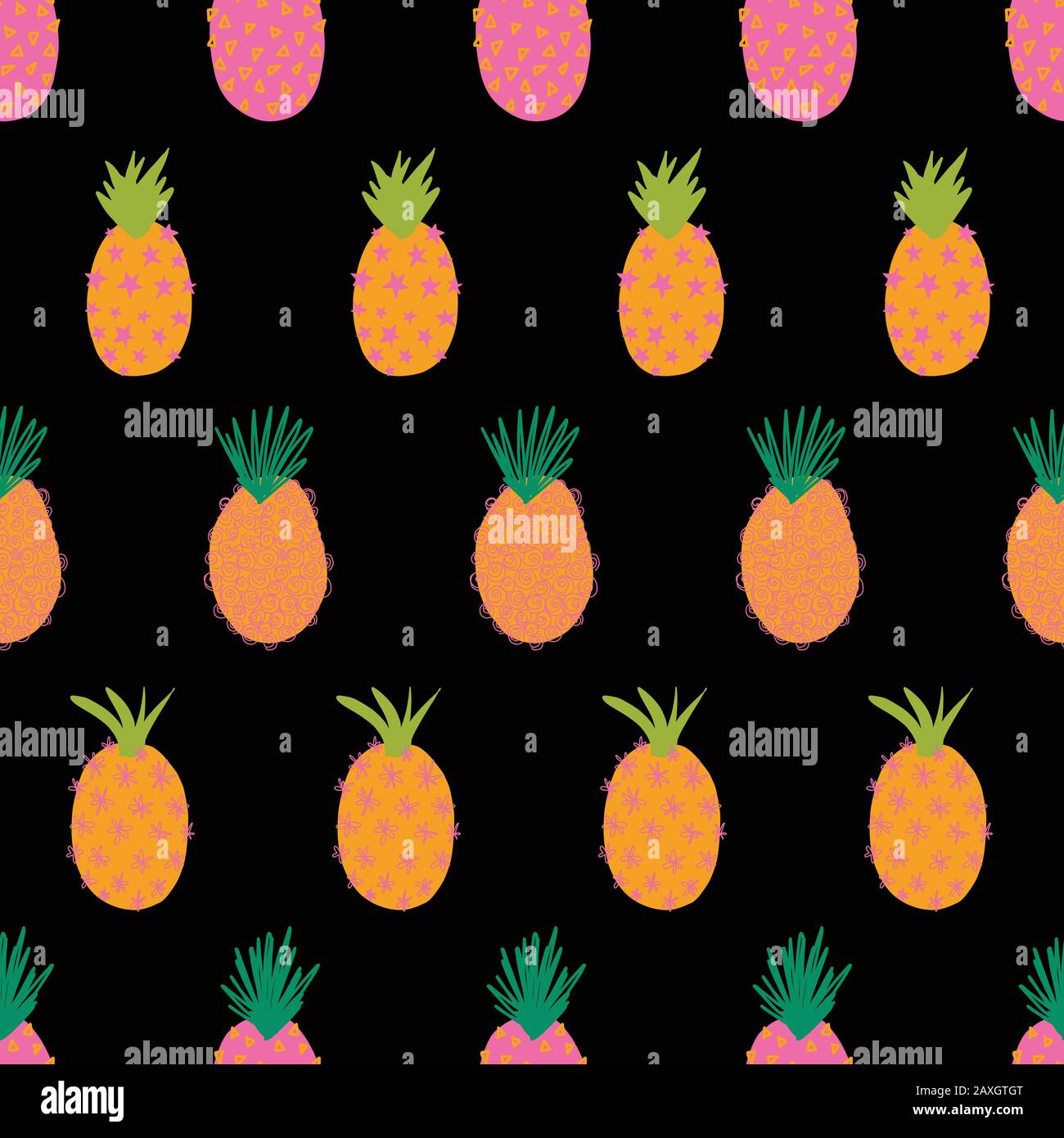 Ananas vectoriels sur un motif répétitif noir sans soudure. Décor moderne coloré et lumineux en été. Ananas tropicaux. Fruits exotiques tirés à la main isolés Illustration de Vecteur