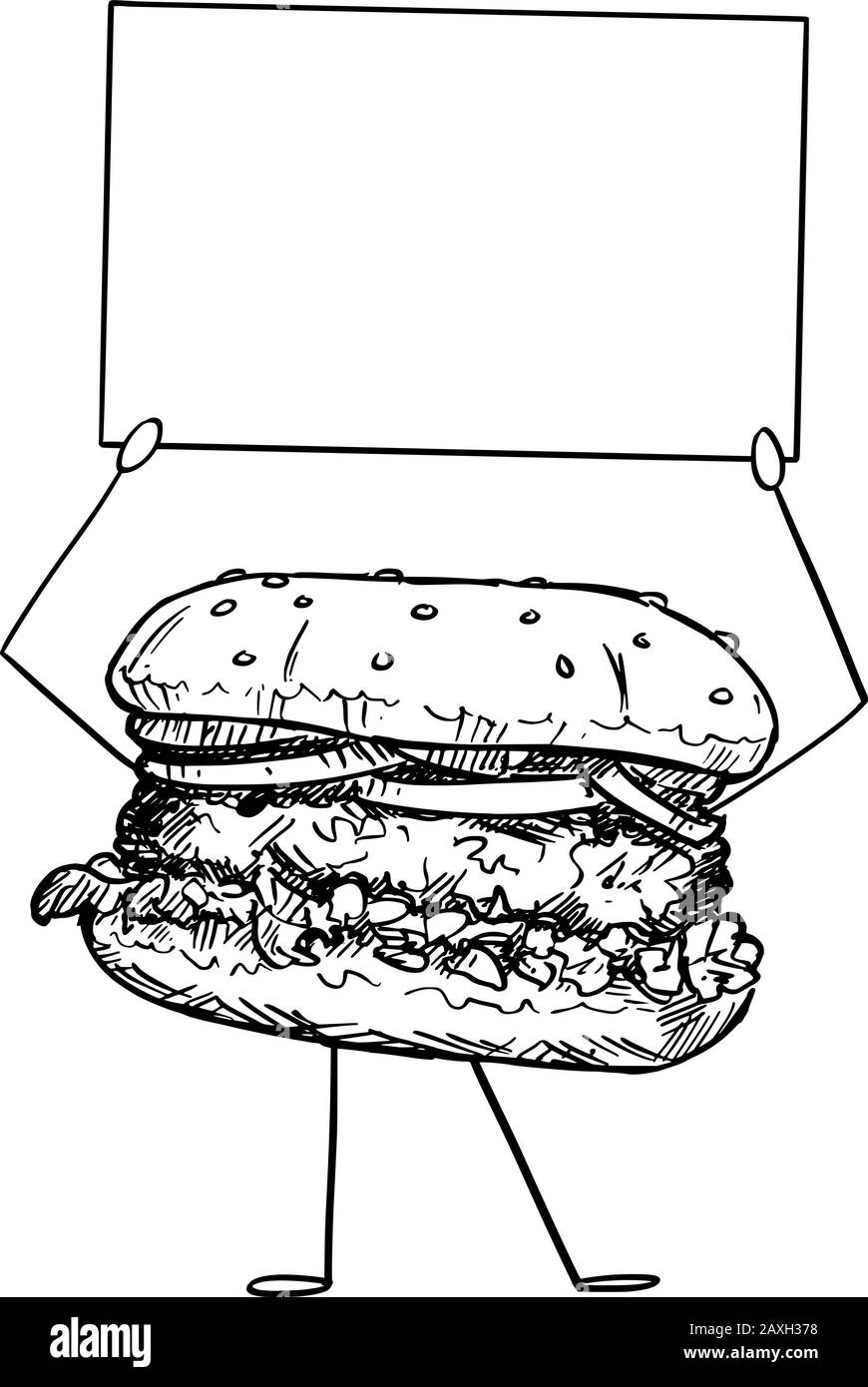 Illustration vectorielle d'un hamburger ou d'un hamburger à dessin animé tenant le signe vide entre les mains. Un style de vie sain et une publicité ou un design marketing pour les aliments indésirables ou les aliments rapides. Illustration de Vecteur