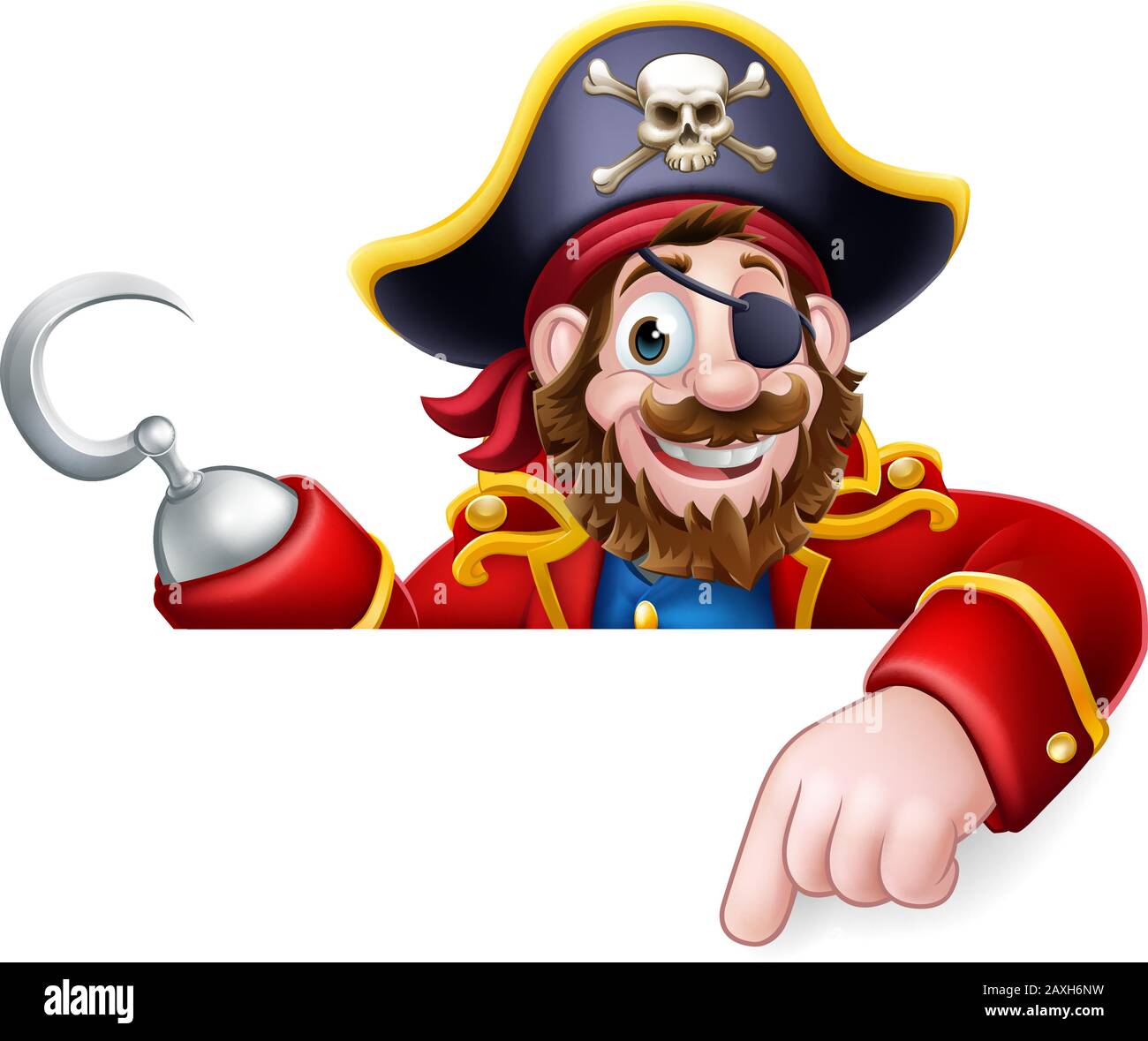 Pirate Captain Cartoon Pointant Vers L'Arrière-Plan Du Panneau Illustration de Vecteur