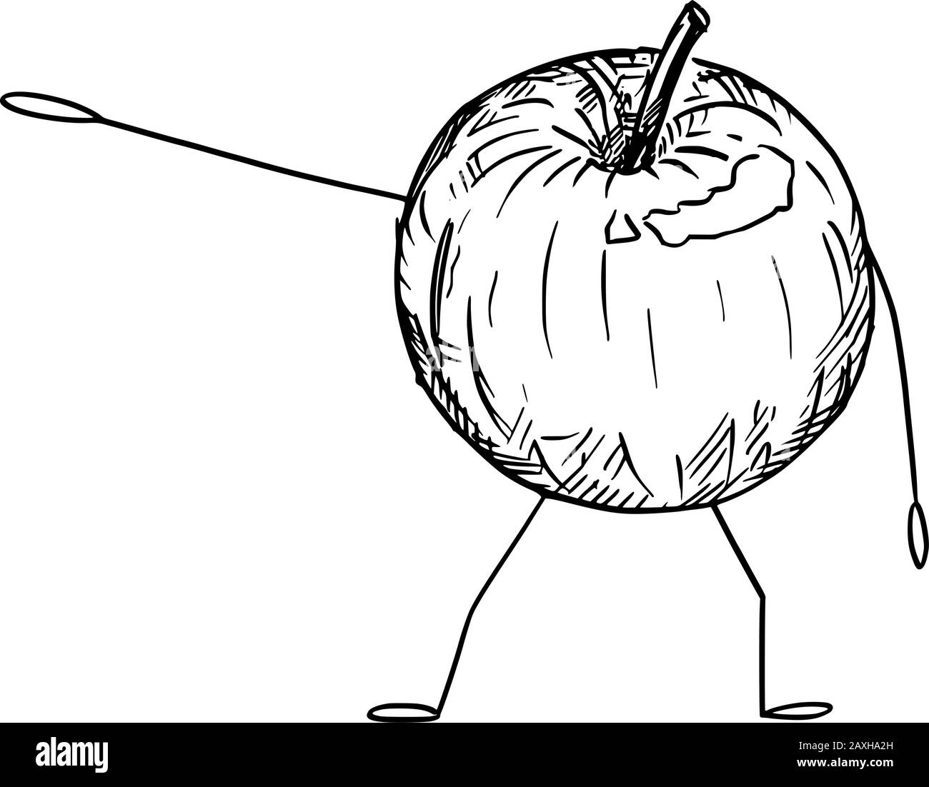 Illustration vectorielle du personnage de fruit de pomme de bande dessinée montrant ou pointant quelque chose à la main. Mode de vie sain, nourriture ou publicité agricole ou design de marketing. Illustration de Vecteur