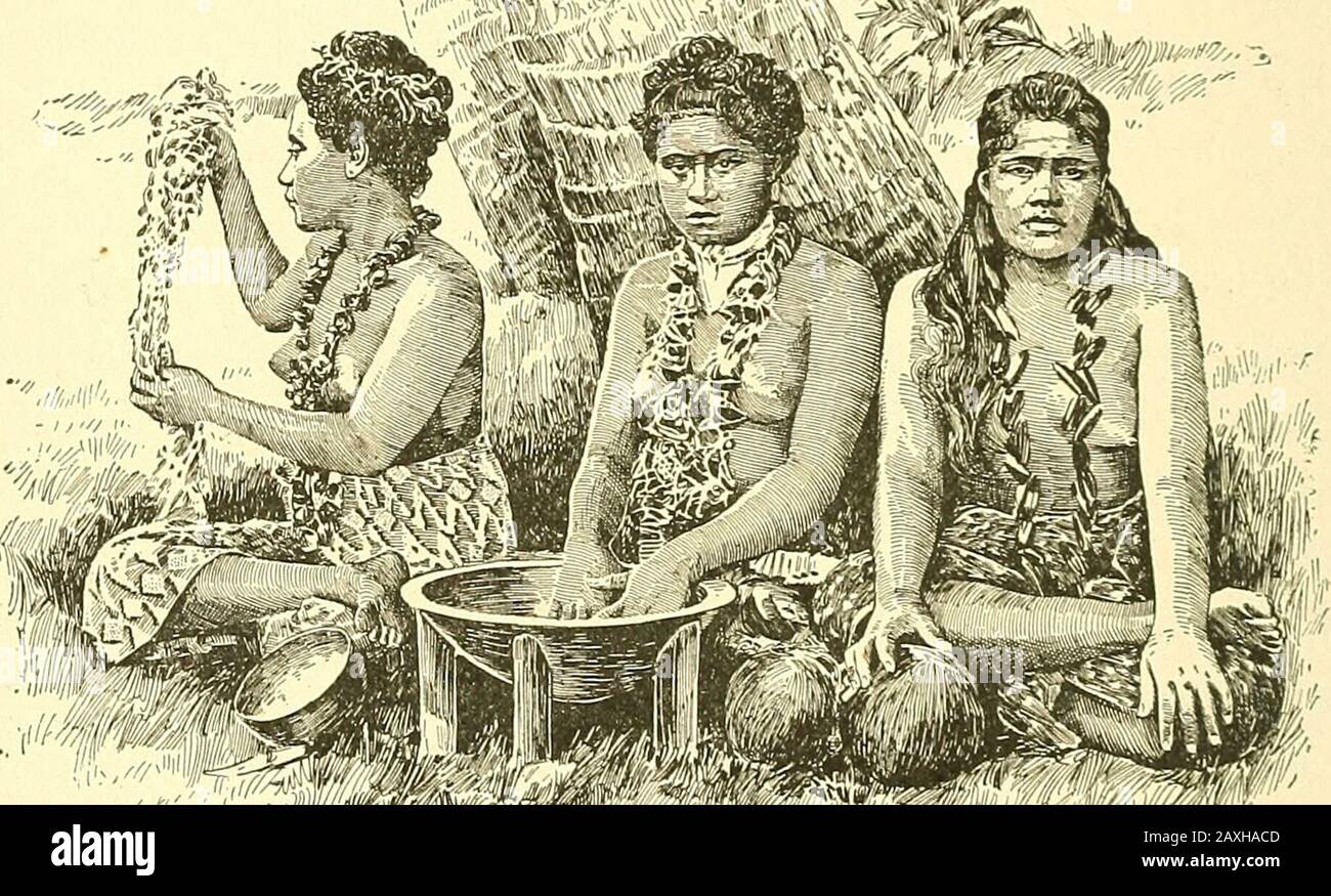 Notre voyage à travers le monde, un record illustré d'un voyage d'une année de quarante mille miles. . eils deviennent mélangés en une masse, qui, par l'additionde l'écorce fraîche, peut être augmentée en longueur et largeur asrequise. Dans le beau musée d'Honolulu, le conservateur a masarrangé les carrés de ce poussoir, qui sont teints dans toutes les belles couleurs imaginables, dans une fenêtre à travers laquelle la lumière de la mer brille. A une petite distance on peut durclycroire qu'il n'est pas délicat vitrail. Un autre produit particulier du Samoa est la kava, la boisson indigène Southpacific. Mlle Emma A. Adams dans son agréable éclairage Banque D'Images