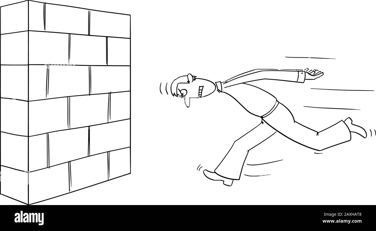 Scénario drôle dessin de bande dessinée de l'homme ou de l'homme d'affaires en tête de mur en premier. Concept commercial de confiance, de motivation et de succès. Illustration de Vecteur