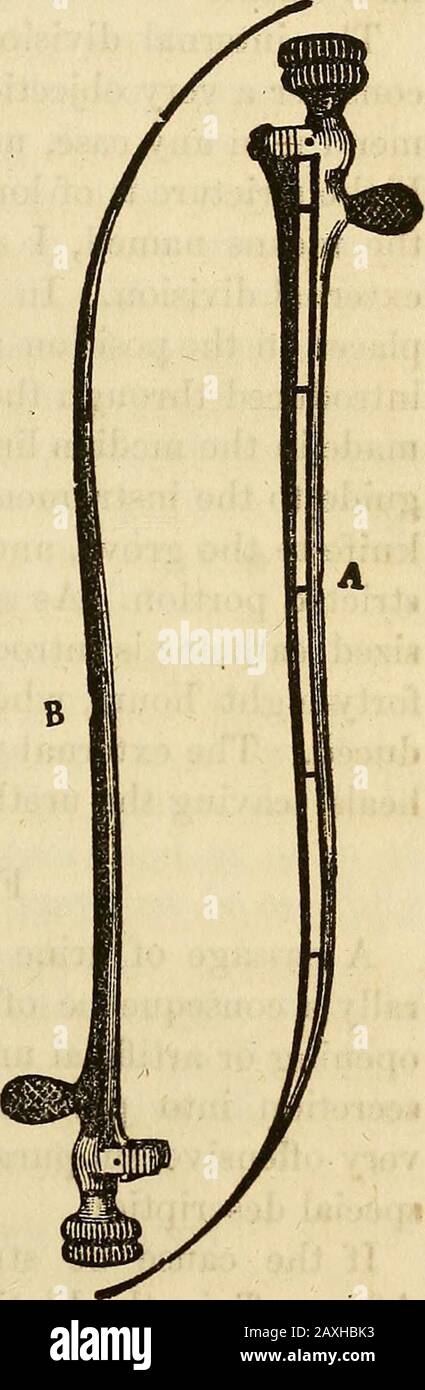 Conférences sur le système américain éclectique de chirurgie . m l'urètre. Pour faciliter la dilatation, nous pouvons utiliser, tout d'abord, le cathéter composé Buchanans, composé d'une série de tubes gradués qui glissent l'un sur l'autre. Thesmallest un être d'abord soigneusement forcé, l'un après l'autre est glissé sur elle comme longas ils peuvent être forcés. L'opération se répète tous les jours, ou tous les deux ou trois jours, jusqu'à ce que la dilatation soit terminée. M. Bakelys actson le même principe. L'opération de M. Barnard Holt, pour la dilatation forcée, a maintenant une réputation considérable et, de là, de ceux W Banque D'Images